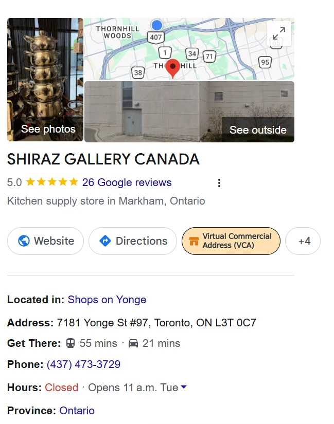 Mock-up of a Google business snippet for Shiraz Gallery Canada showing a Virtual Commercial Address (VCA) button next to Website and Directions