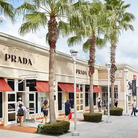 Palm-lined outdoor storefronts at an outlet centre